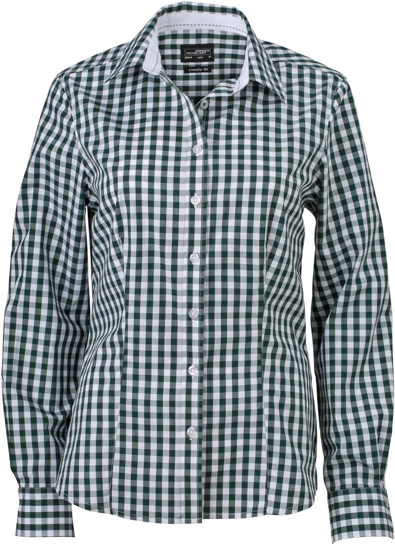 Levně Popelínová kostkovaná halenka s dlouhým rukávem - forest green/white