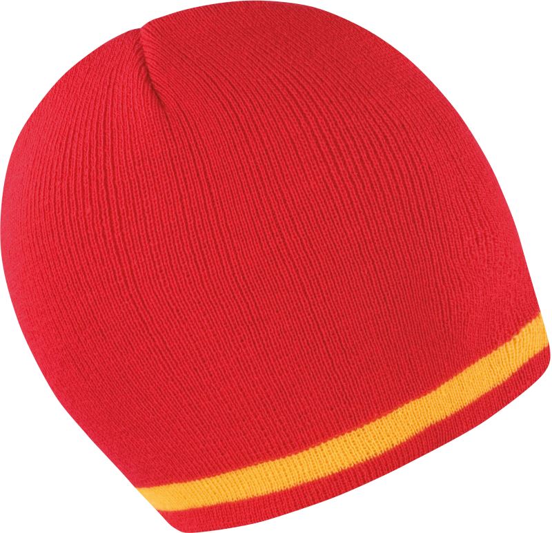 Levně Pletená čepice s kontrastními pruhy - red/yellow