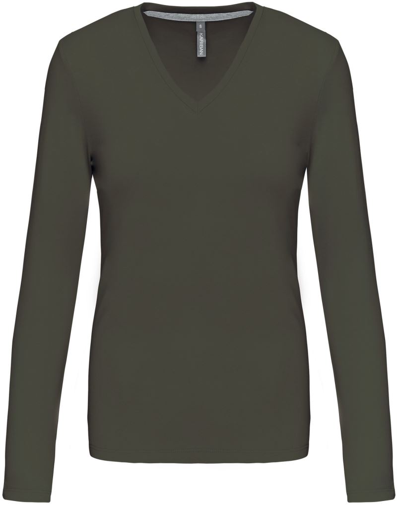 Levně Dámské tričko s výstřihem do V, dlouhý rukáv - dark khaki