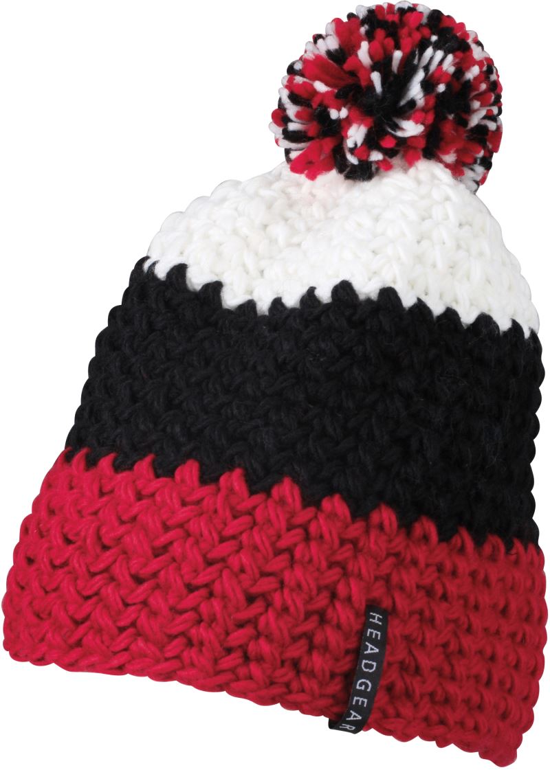 Levně 3-barevná háčkovaná čepice s bambulí - red/black/white