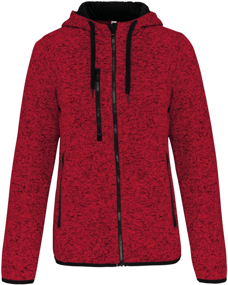 Levně Dámská melanžová pletená fleecová bunda s kapucí - red melange