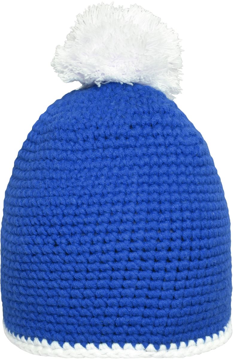 Levně Háčkovaná čepice s kontrastním lemem a bambulí - blue/white