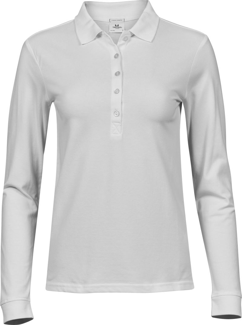 Levně Dámské luxusní elastické piqué polo s dl. rukávem - white