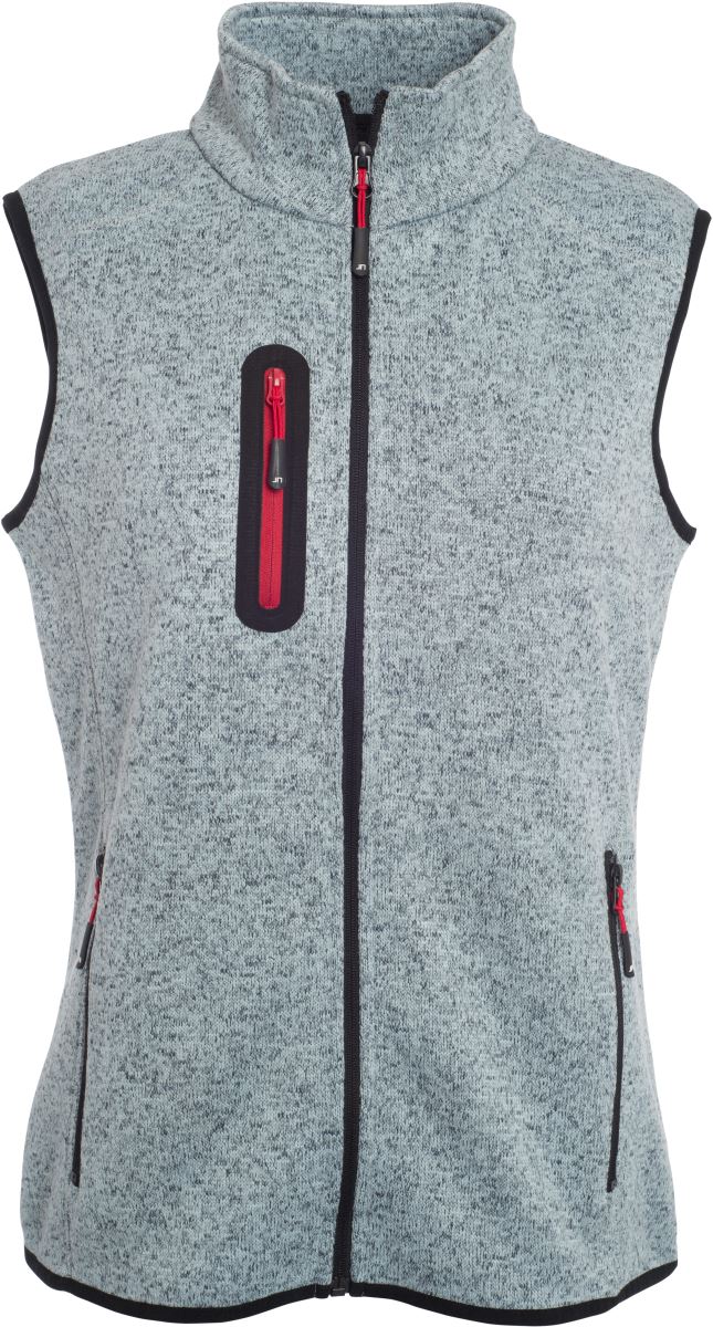 Levně Dámská pletená fleecová vesta se stojáčkem - light grey melange/red