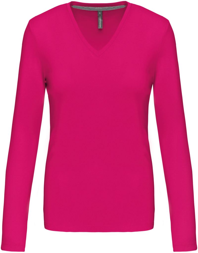 Levně Dámské tričko s výstřihem do V, dlouhý rukáv - fuchsia