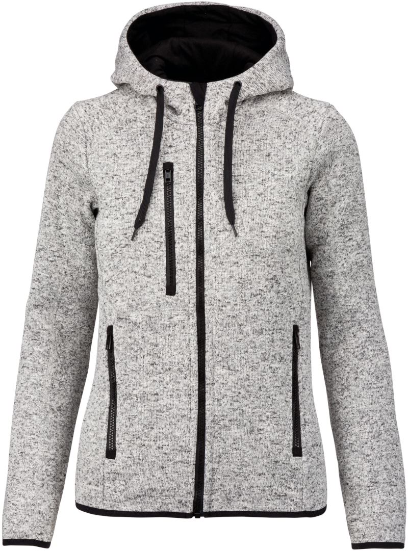 Levně Dámská melanžová pletená fleecová bunda s kapucí - light grey melange