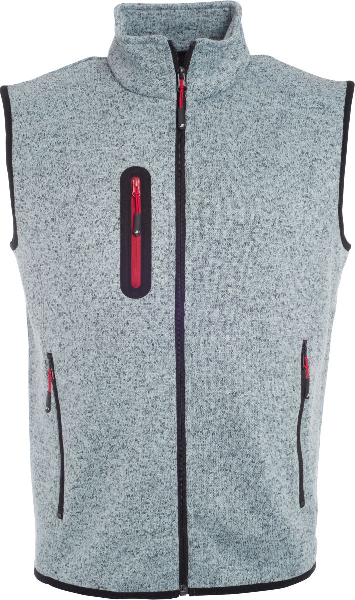 Levně Pánská pletená fleecová vesta se stojáčkem - light grey melange/red
