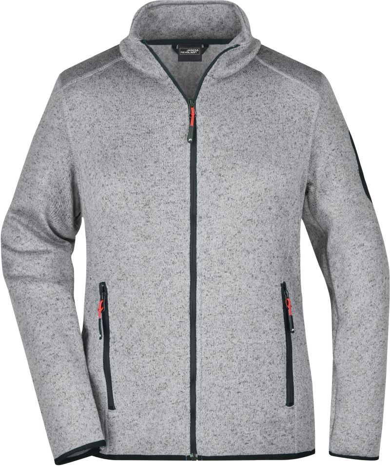 Levně Dámská pletená fleecová bunda - light grey melange/red