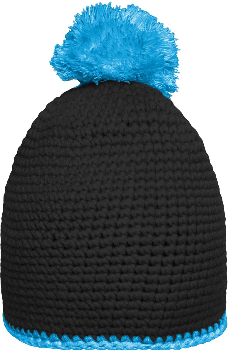 Levně Háčkovaná čepice s kontrastním lemem a bambulí - black/turquoise