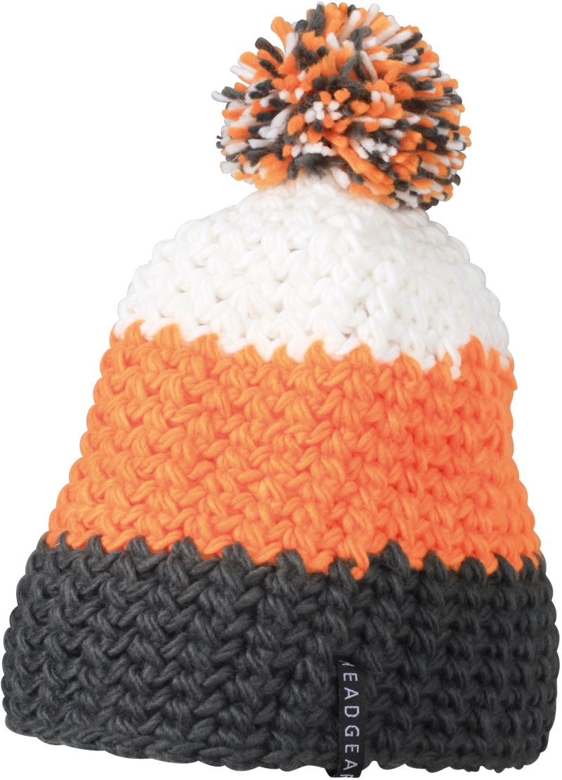 Levně 3-barevná háčkovaná čepice s bambulí - carbon/orange/white