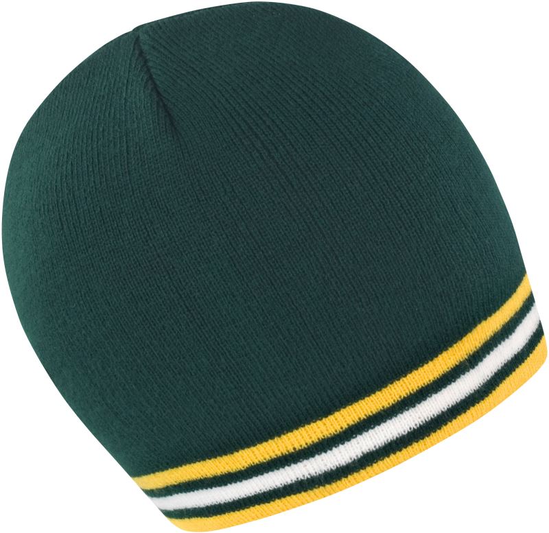 Levně Pletená čepice s kontrastními pruhy - green/gold-white