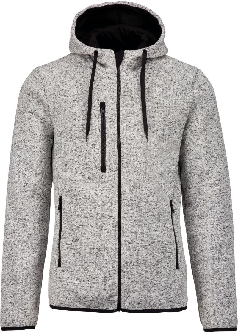 Pánská melanžová pletená fleecová bunda s kapucí - light grey melange