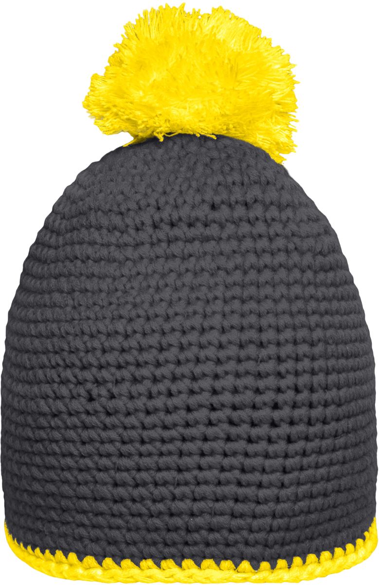 Levně Háčkovaná čepice s kontrastním lemem a bambulí - carbon/yellow