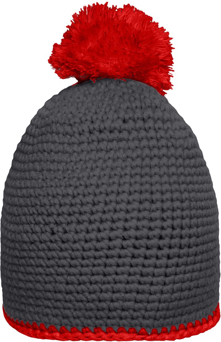 Levně Háčkovaná čepice s kontrastním lemem a bambulí - carbon/red