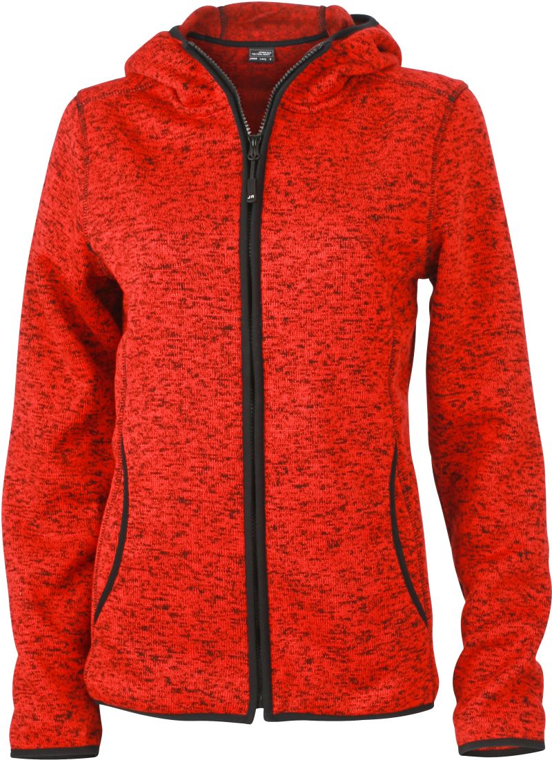 Levně Dámská pletená fleecová bunda s kapucí - red melange/black
