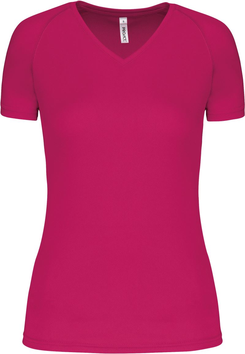 Levně Dámské sportovní tričko s výstřihem do V - fuchsia