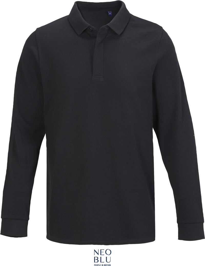Levně Pánské piqué polo z těžké bavlny s dlouhým rukávem - deep black