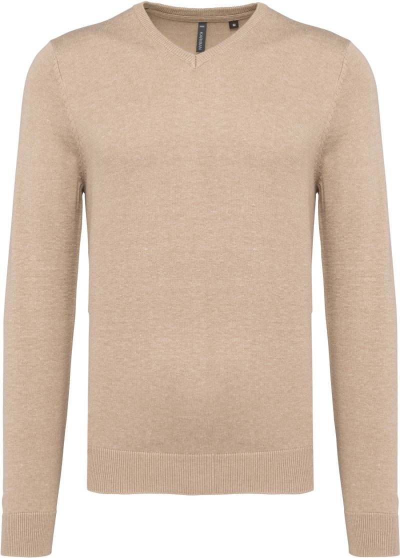Levně Pánský svetr s výstřihem do V - beige heather