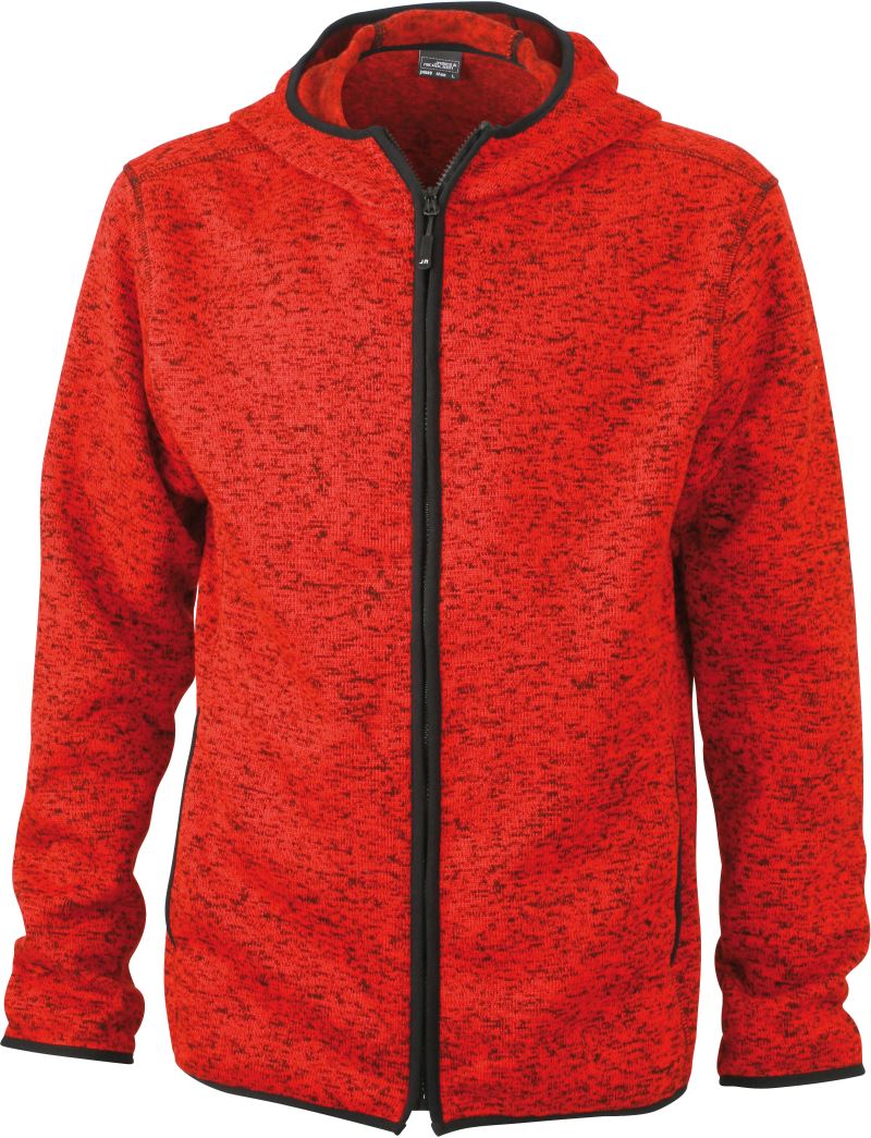 Pánská pletená fleecová bunda s kapucí - red melange/black