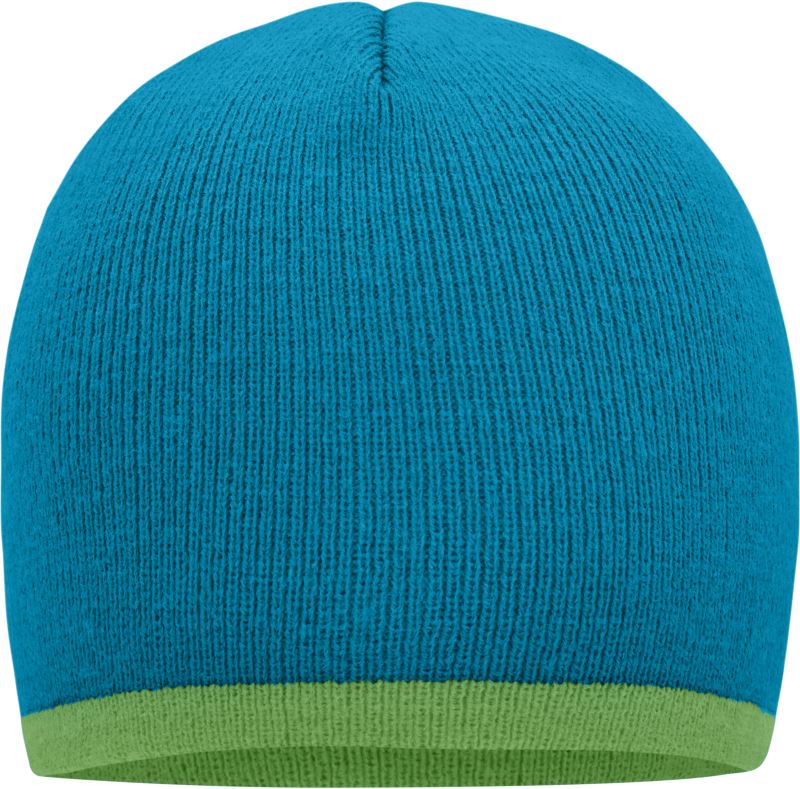 Levně Pletená čepice s kontrastním lemem - turquoise/lime green