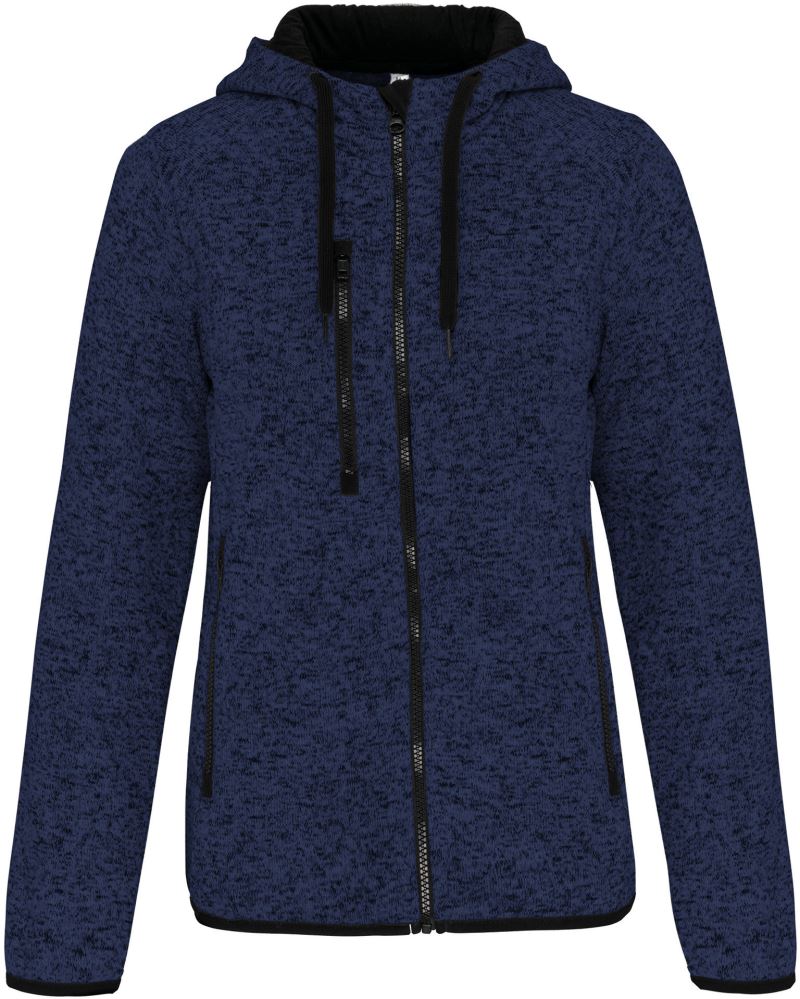 Levně Dámská melanžová pletená fleecová bunda s kapucí - navy melange