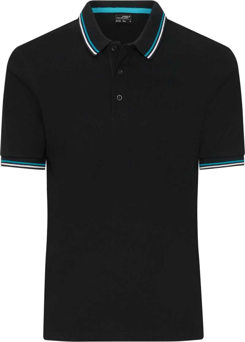 Levně Pánské těžké piqué polo s kontrastními proužky - black/white/turquoise