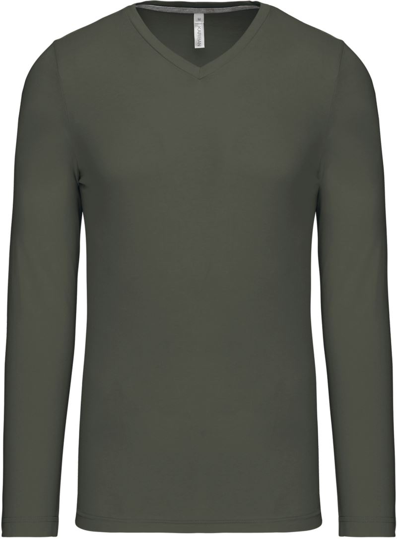 Levně Pánské tričko s výstřihem do V, dlouhý rukáv - dark khaki