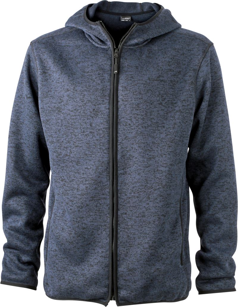 Pánská pletená fleecová bunda s kapucí - denim melange/black
