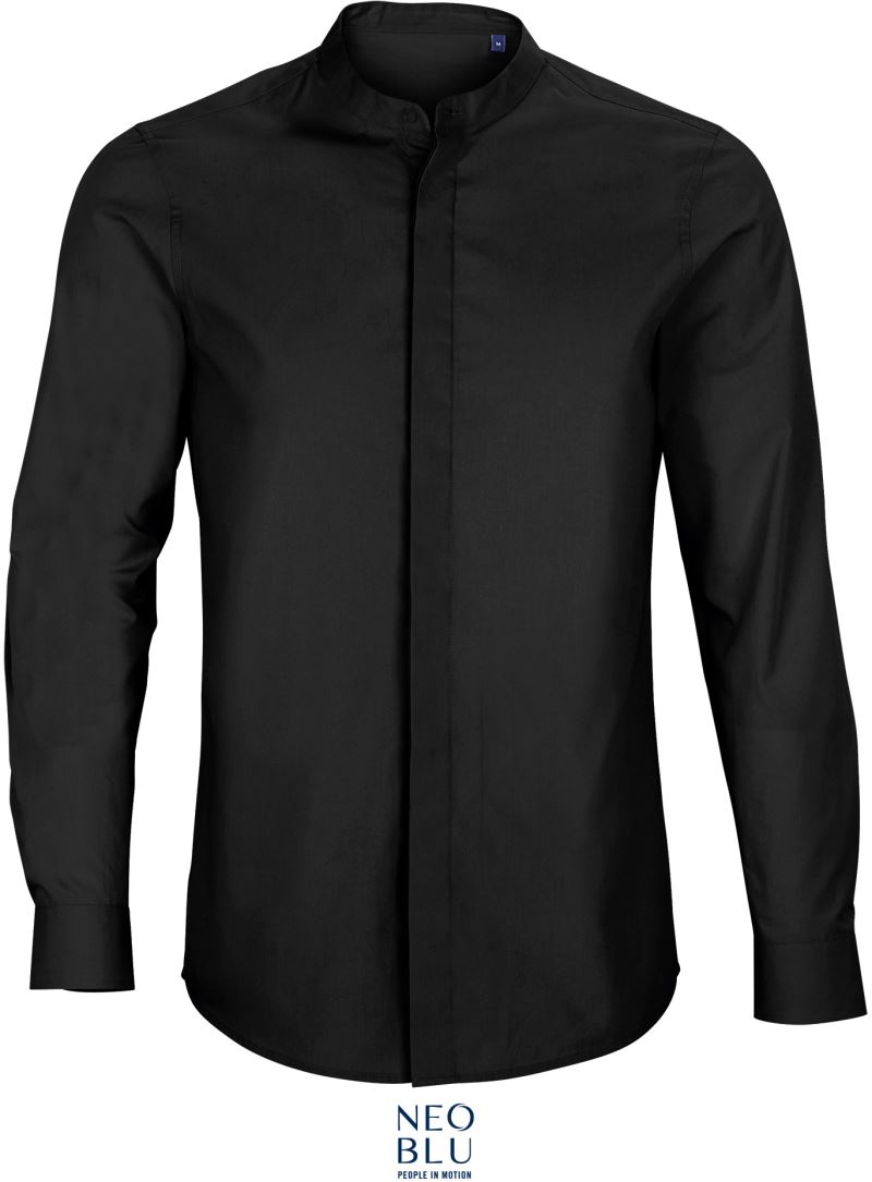 Levně Popelínová košile s dlouhým rukávem a Mao límečkem - deep black