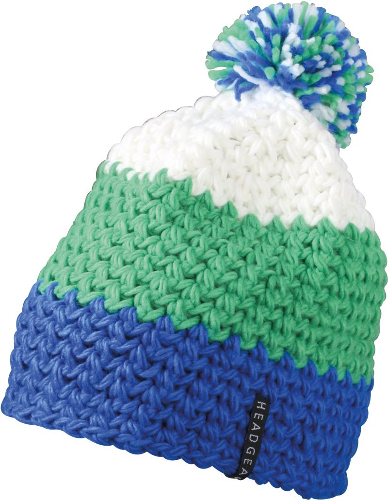 Levně 3-barevná háčkovaná čepice s bambulí - aqua/lime green/white