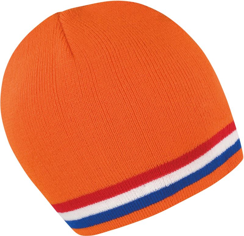 Levně Pletená čepice s kontrastními pruhy - orange/red-white-blue