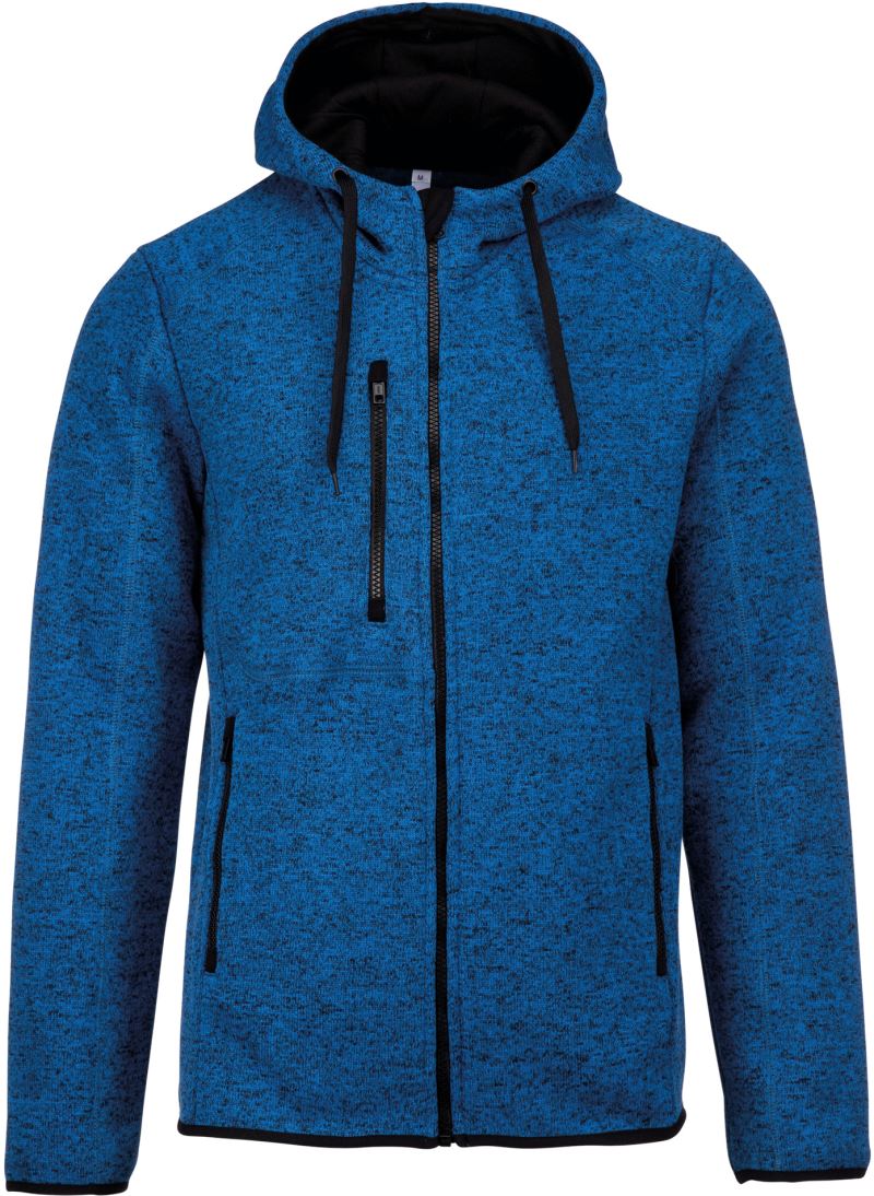 Pánská melanžová pletená fleecová bunda s kapucí - light royal blue melange