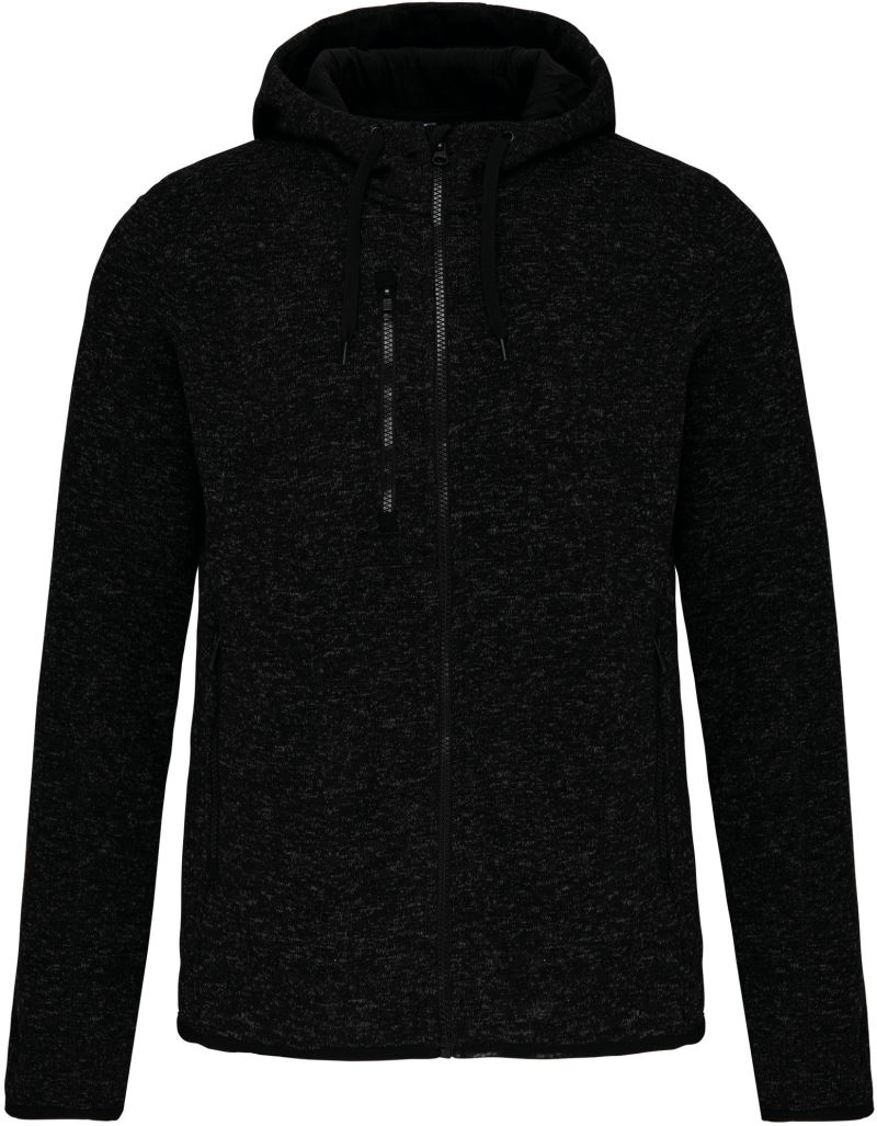 Levně Pánská melanžová pletená fleecová bunda s kapucí - dark grey melange